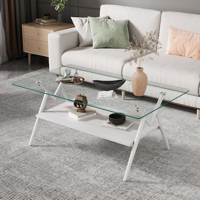 Rectangle Coffee Table with Tempered Glass top and Metal Legs, Modern Table for Living Room