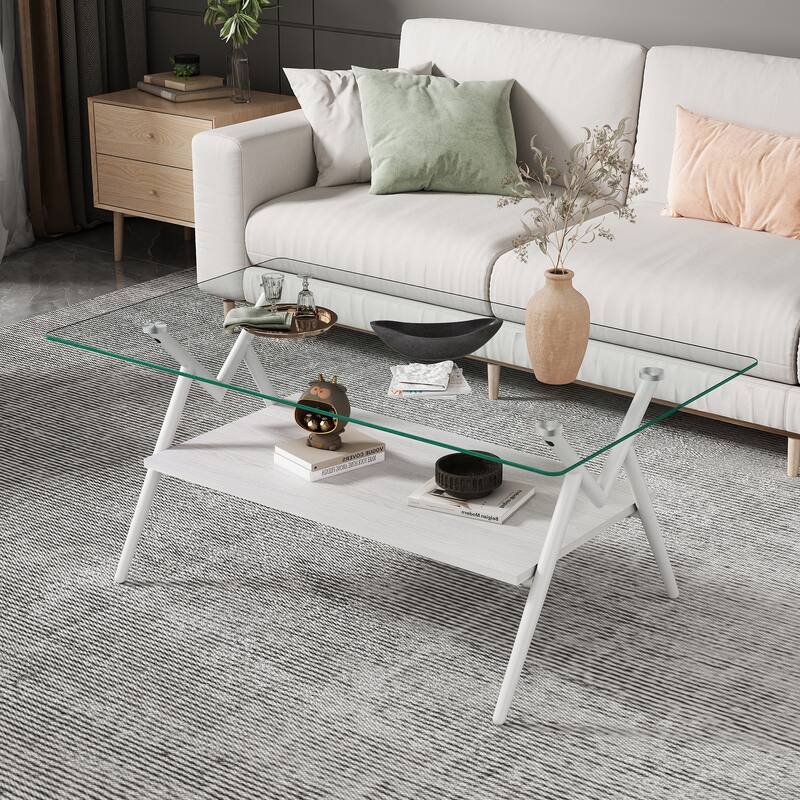 Rectangle Coffee Table with Tempered Glass top and White Metal Legs - N/A