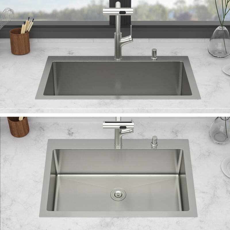33" Drop-in Kitchen Sink with Pull-out Faucet and Soap Dispenser 33x22x10 inch Single Bowl 16 Gauge Stainless Steel