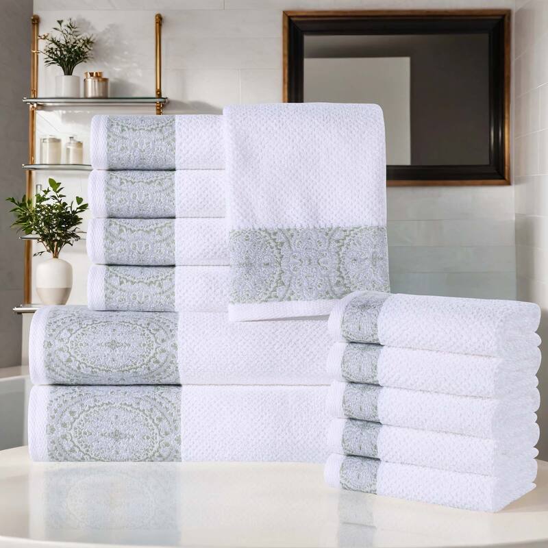 Superior Medallion Cotton Jacquard Texture 12 Piece Assorted Towel Set - White-Silver