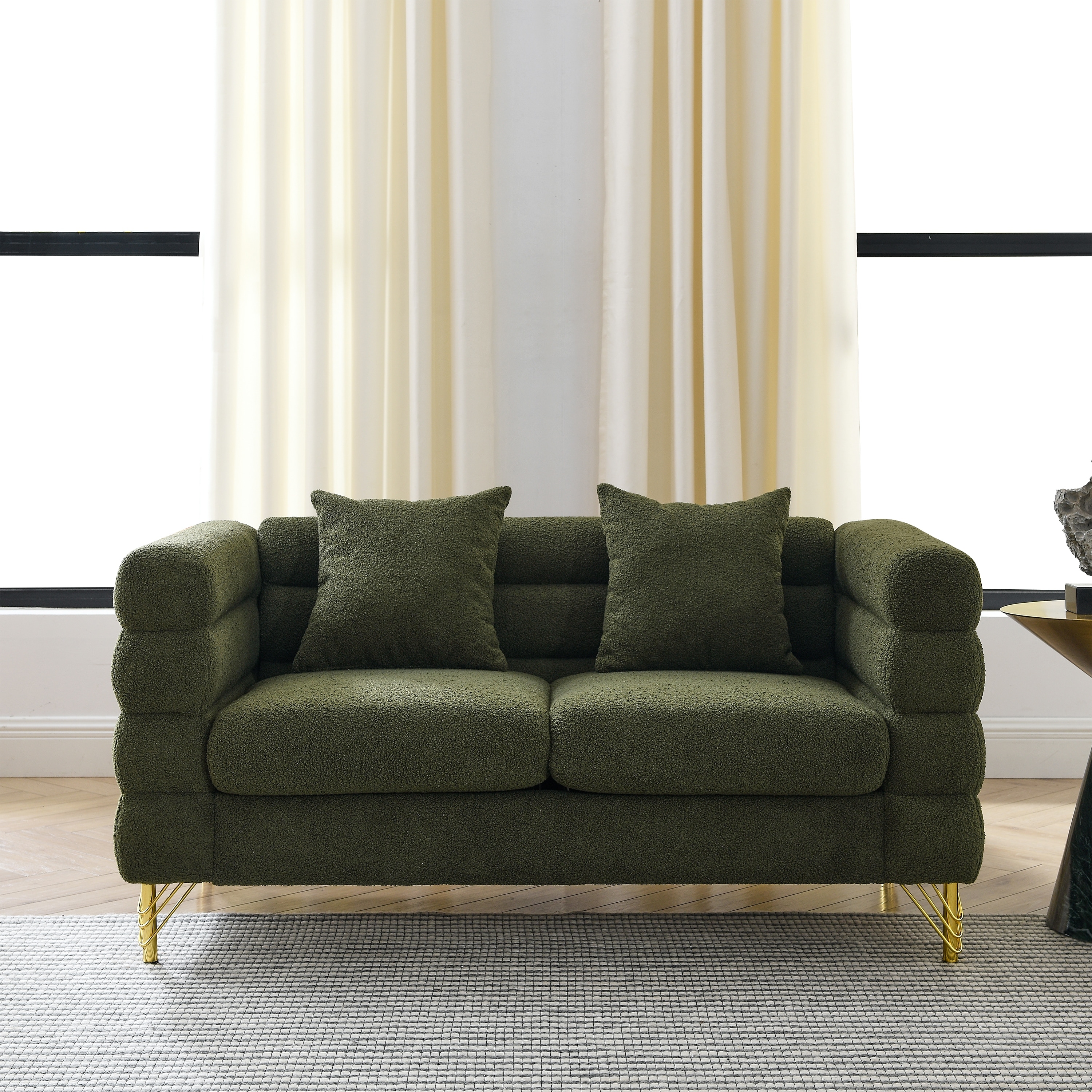 Bedroom Decorative Sofa with Metal Legs, Loveseat Sofa with Two Pillows, Fabric Upholstered Armsofa for Office