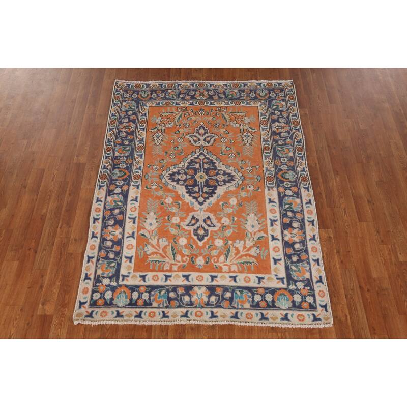 Hand Knotted Oriental 100% Wool Carpet Traditional Floral Oranges & Rust Tabriz Area Rug - 6' 0'' X 4' 4''