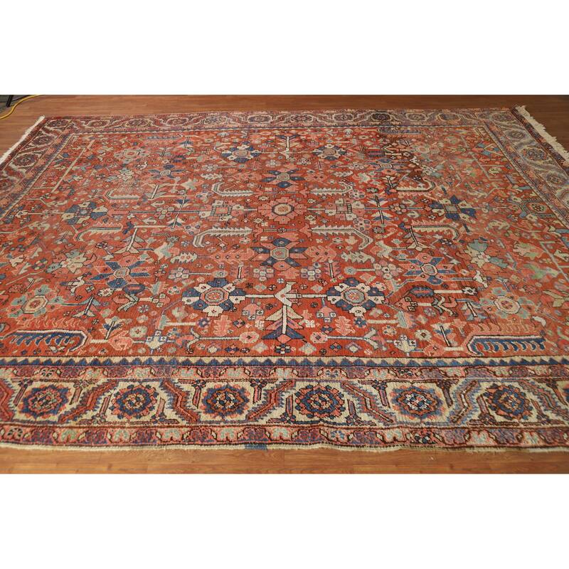 Hand Knotted Oriental 100% Wool Carpet Traditional Geometric Oranges & Rust Heriz (serapi) Area Rug - 11' 10'' X 9' 5''