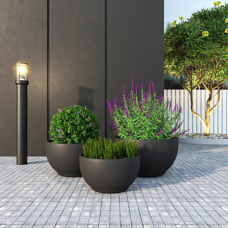 LeisureMod Grove 3-Piece Round Planter Set in Fiberstone and MgO Clay with Drainage, Indoor Outdoor Home Office Yard Patio Decor