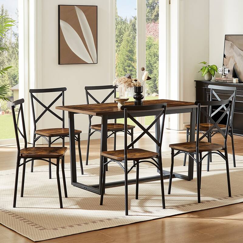 7 Piece Industrial Dining Table Set,Rectangular Table with 6 Chairs - Brown