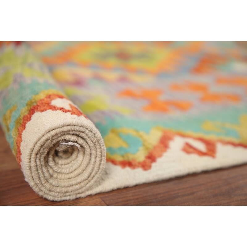 Hand Woven Oriental 100% Wool Carpet Southwestern Geometric Multi-Colored Kilim Area Rug - 6' 8'' X 5' 0''