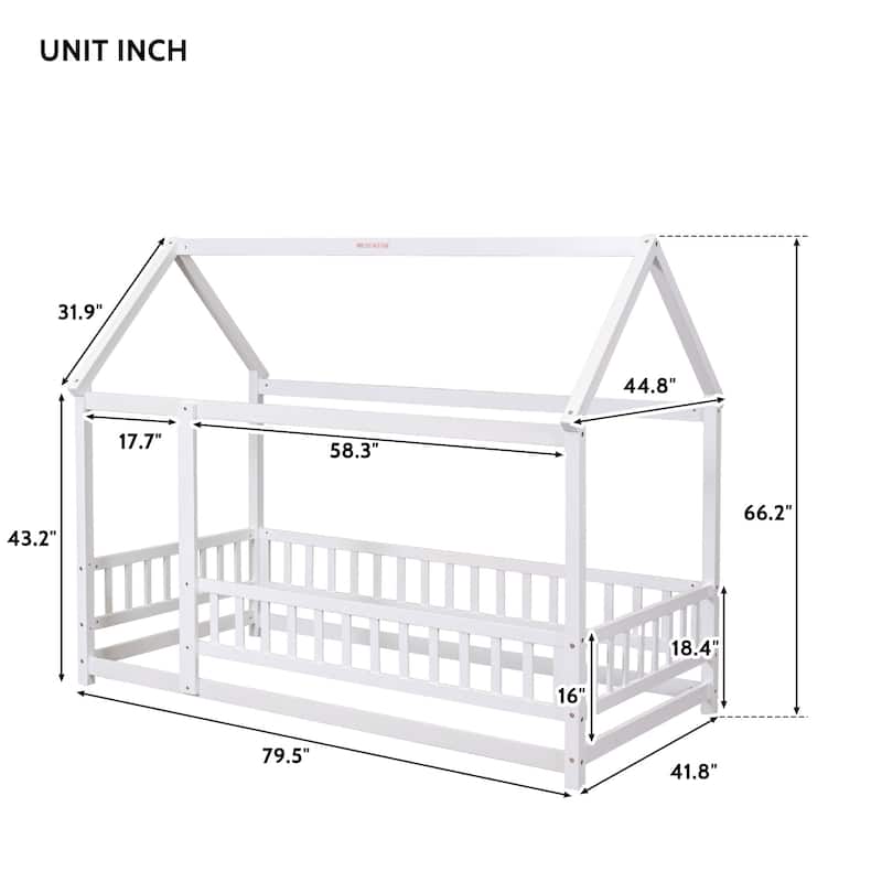 Twin Size Floor Wooden Bed with House Roof Frame
