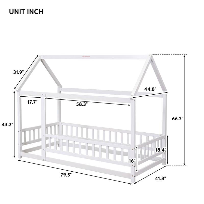 Wooden Floor Bed with House Roof & Guardrails