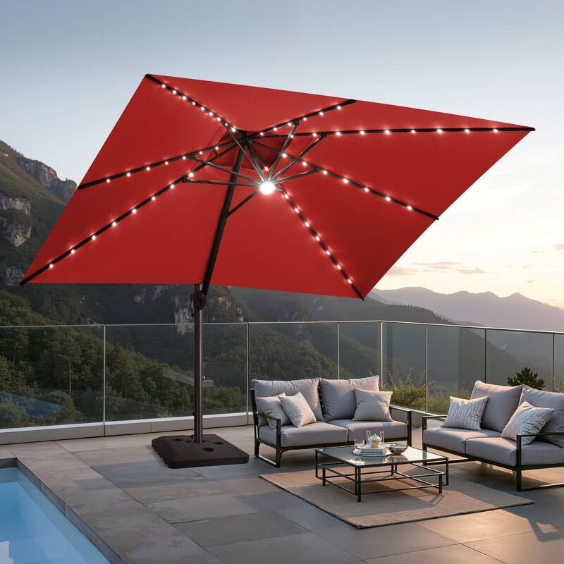 10 FT x 13 FT Outdoor Premium Solar LED Lighted Patio Cantilever Umbrella with Base - Red