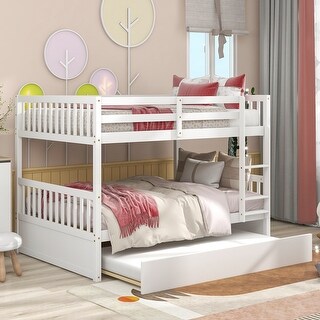 Full Over Full Pine Wood Bunk Bed Frame w/Trundle Bed, Ladder, Safety Rails, Convertible to 2 Platform Bed for Kids, Teens,White