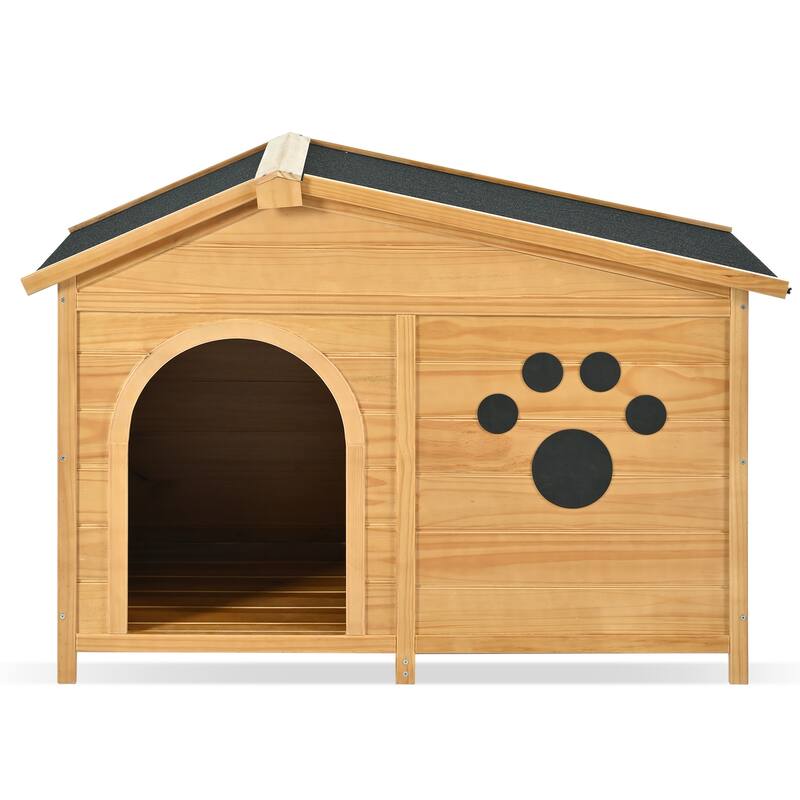 48" Wooden Dog House with Porch, Dog Kennel with Water-Resistant Asphalt Roof and Fencing, Dog Crate with Paw Print, Medium