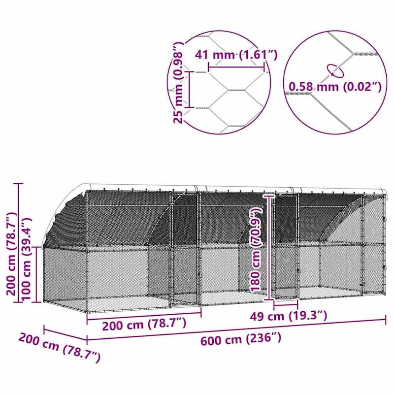 vidaXL Chicken Cage Silver 400/600/800 x 200 x 198.5 cm Galvanized steel