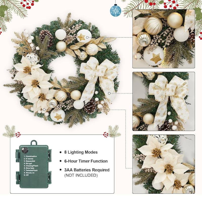 24 in Pre-Lit Christmas Wreath with Lights for Home Holiday Decor - N/A
