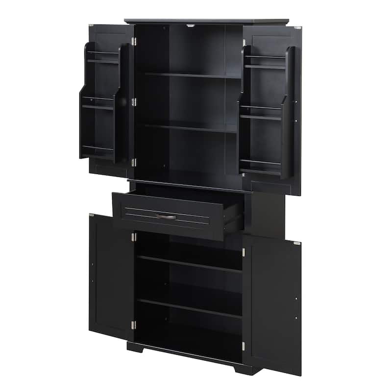 Tall Bathroom Storage Cabinet, Freestanding Organizer Cabine, Wooden Pantry with Adjustable Shelf, 4 Doors and Drawer