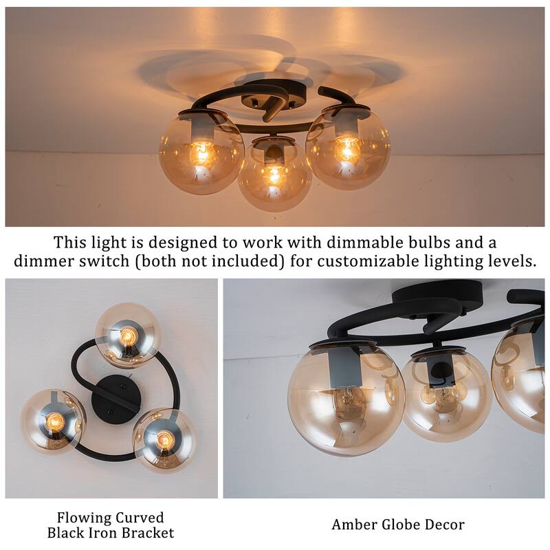 3 Light Matte Black Flush Mount Lighting Industrial with Amber Glass Globes - Dia.16.93-in