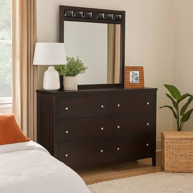 Con Wide Dresser with Wide Top Mirror, 6 Drawers, Brown Wood