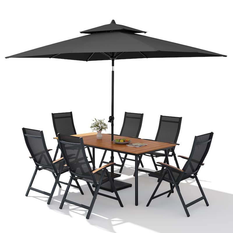 9PC Outdoor Patio Dining Set Wood-Like Aluminum Umbrella Hole Table with Folding Chairs,Double Top Market Umbrella and Base