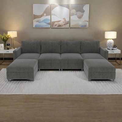 123.6" Chenille U-Shaped Sectional Sofa with Storage and Ottoman, 6-Seater