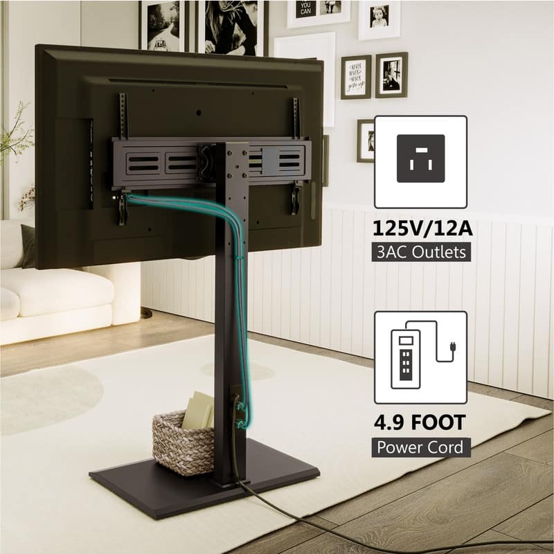 FITUEYES Modern Black Swivel Floor TV Stand with Power Strip Mount for TVs up to 85 inch Metal Base
