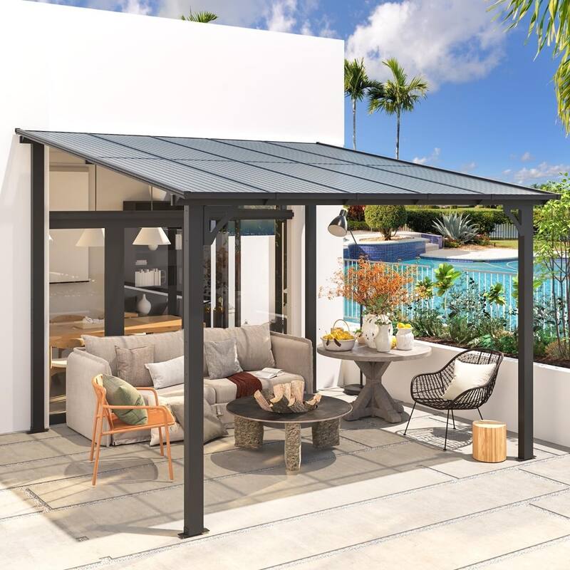 10X10Ft Outdoor Pergola Gazebo, Wall Mounted Lean to Awning Gazebo
