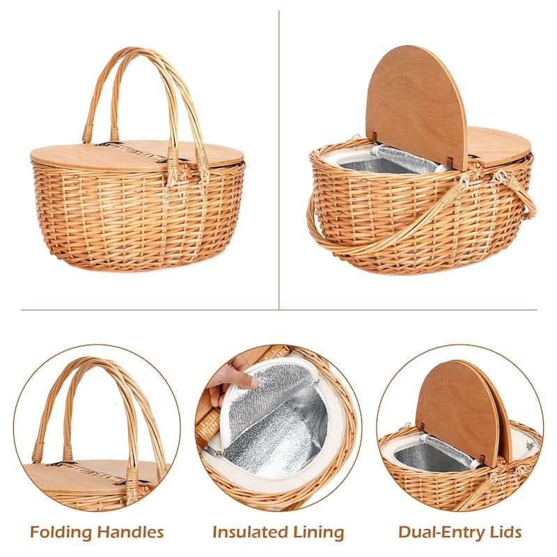 Wicker Picnic Basket with Cooler, Wooden Split Lid Picnic Basket, Vintage-Style Wicker Picnic Hamper with Folding Woven Handle