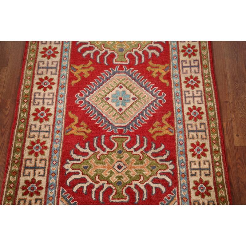 Red Geometric Kazak Foyer Rug Hand-Knotted Oriental Wool Carpet - 2'9" x 4'0"