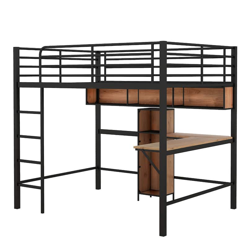Full Size Metal & Wood Loft Bed with L -shaped desk and shelves, Black and Brown - N/A