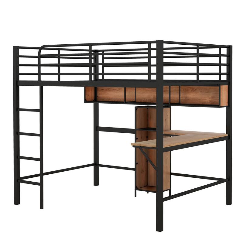 Full Size Metal & Wood Loft Bed with L-Shaped Desk and Shelves, Black and Brown