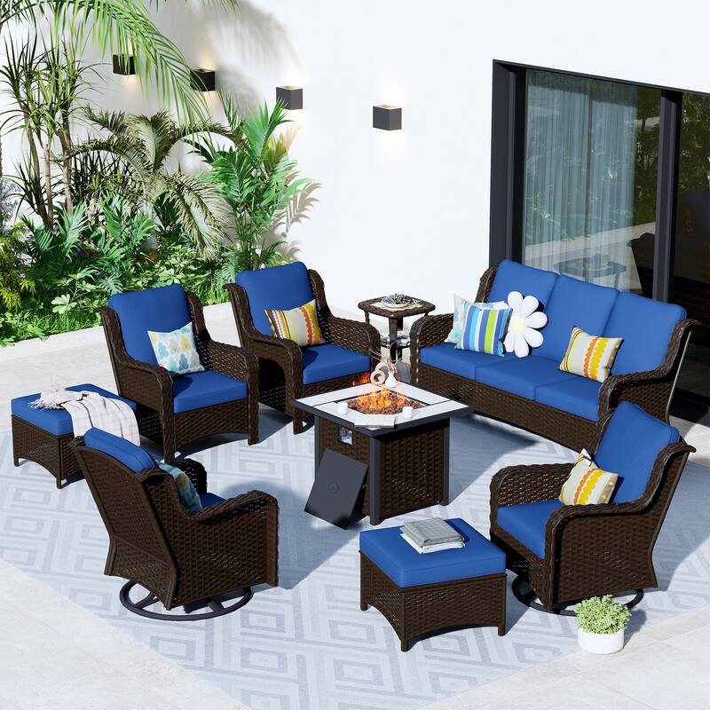 OVIOS 9-piece Patio Wicker Swivel Chair Set With 30" Fire Pit - Navy Blue-Brown Wicker