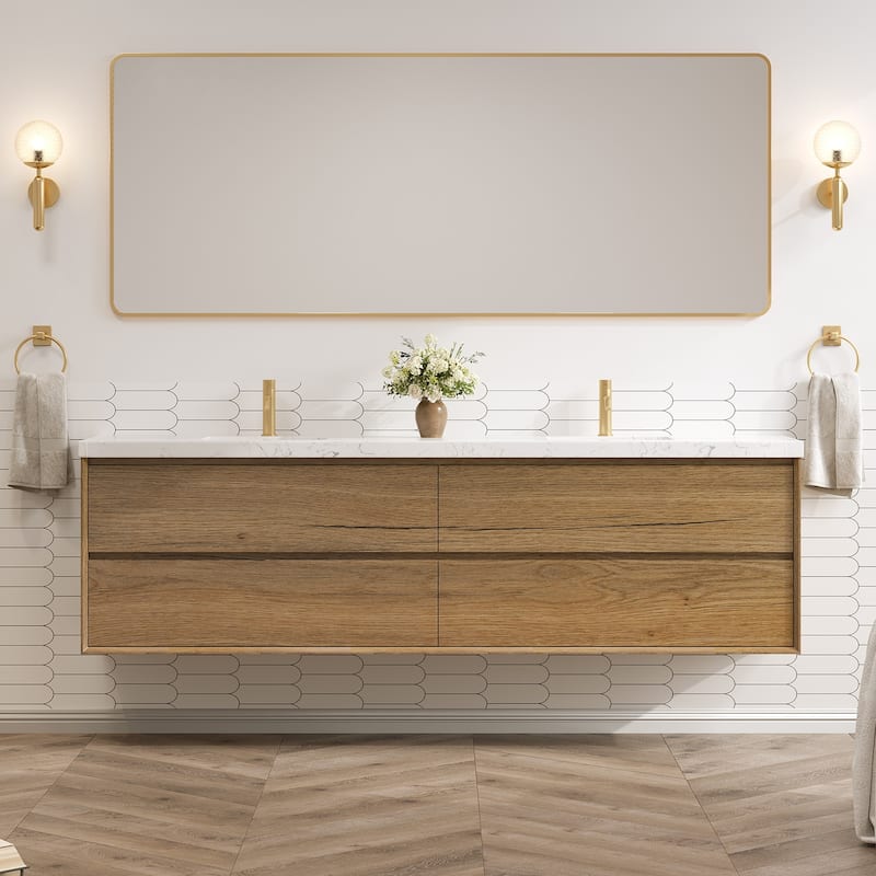 24"30"36"48"60"72"84" Floating Bathroom Vanity Engineered Stone Top with Rectangular Ceramic Undermount Sink