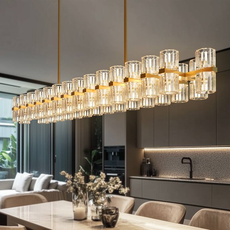 YANSUN 60-Light Brass Gold Crystal Chandelier, G4 LED, Modern Linear 3000K Warm