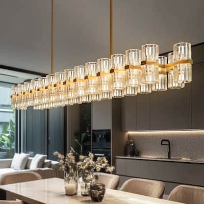 YANSUN 60-Light Brass Gold Crystal Chandelier, G4 LED, Modern Linear 3000K Warm