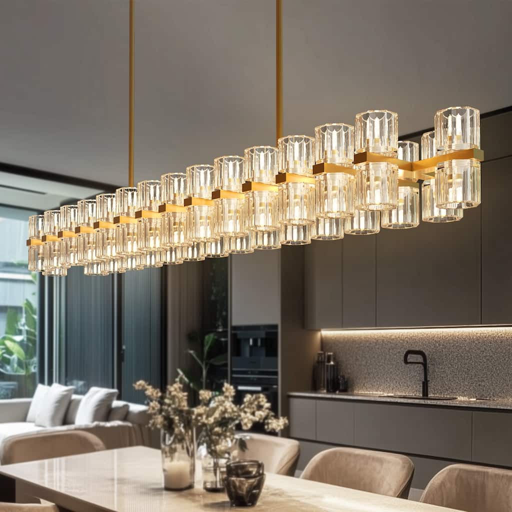 YANSUN 60-Light Brass Gold Crystal Chandelier, G4 LED, Modern Linear 3000K Warm