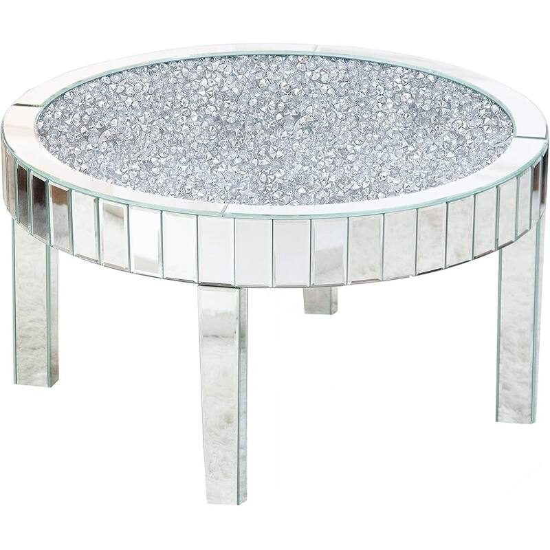 HomeRoots 31" Silver Mirrored Glass and Faux Crystal Round Coffee Table - 31.49' X '17.71' X '31.49