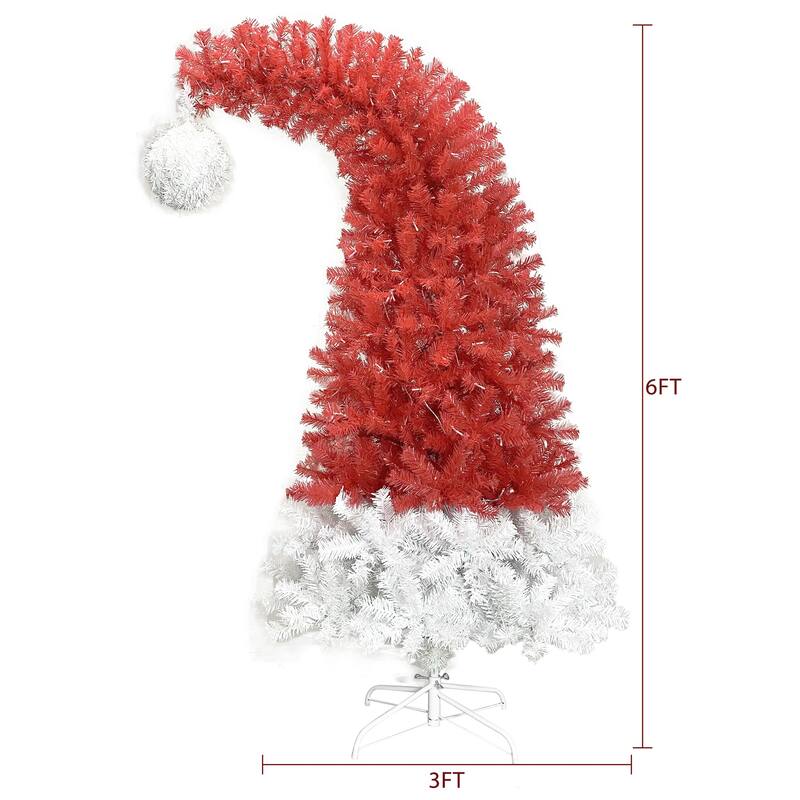 6FT Santa Hat-Inspired Artificial Christmas Tree, Bendable Top with 300 Pre-Lit LED Lights, Red & White