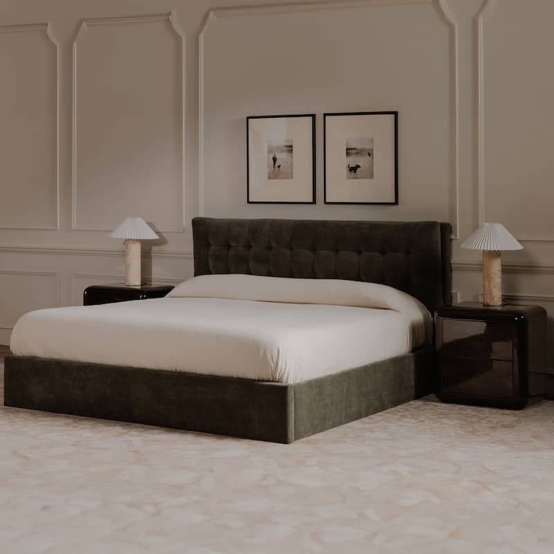 NADAAL STUDIOS Aloura Green Upholstered King Bed with Tufted Headboard and Hydraulic Lift Storage