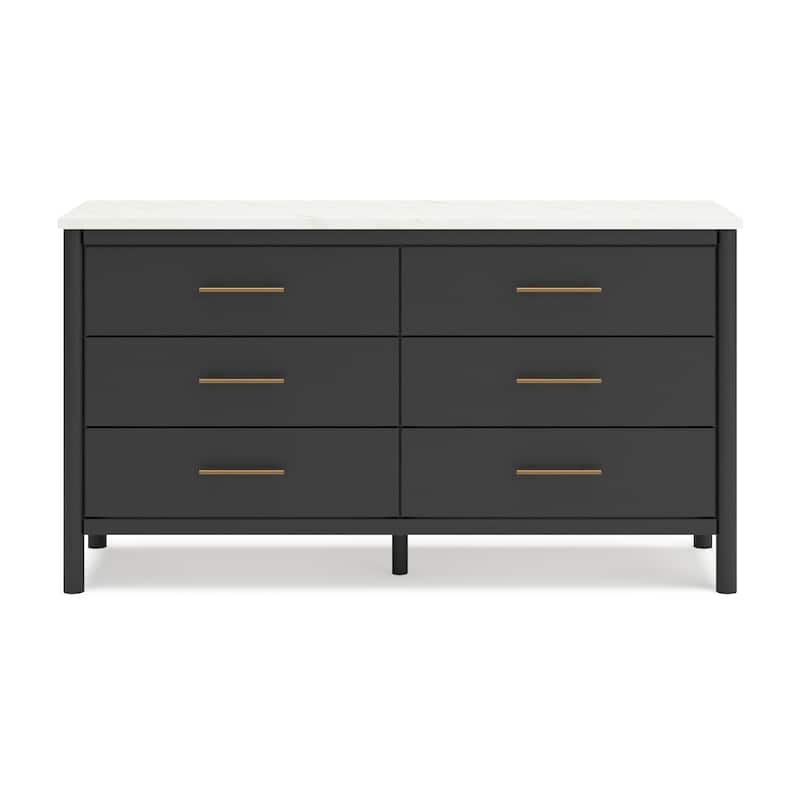 Mooran Wide Dresser, 6 Drawers, Marble Finish Top, Black Laminate