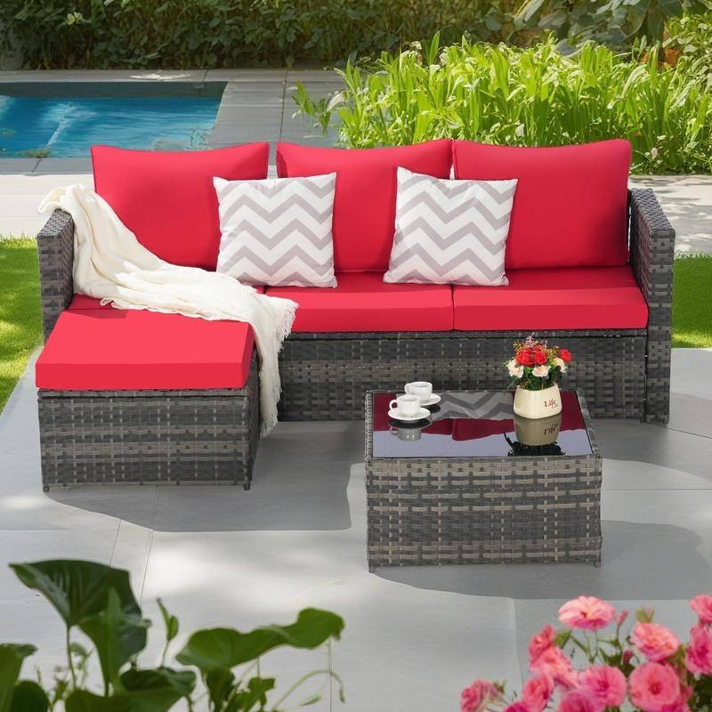 2-Pieces Outdoor Patio L-Shaped Sectional Sofa Set with Glass Coffee Table