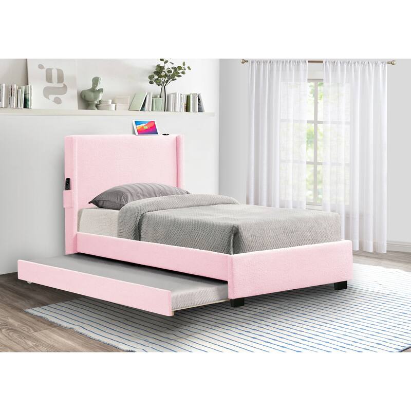 Twin Size Bed Frame With Trundle Bed, Teddy Fabric, Usb Functionality, And A Pocket Design On The Side Of The Headboard - Pink