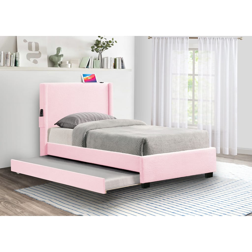 Twin Size Bed Frame With Trundle Bed, Teddy Fabric, Usb Functionality, And A Pocket Design On The Side Of The Headboard