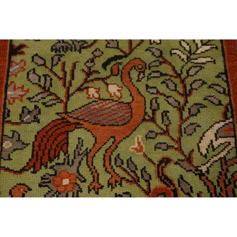 Light Green Animals Ziegler Indian Runner Rug Hand-Knotted Wool Carpet - 2'5" x 7'11"