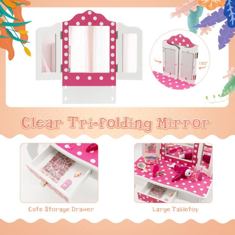 Kids Vanity Table and Stool Set with Cute Polka Dot Print-Pink - N/A