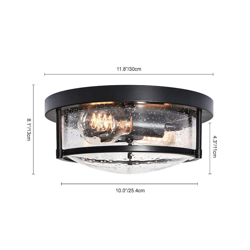 Farmhouse Black Round Seeded Glass Drum Semi Flush Ceiling Light -12in