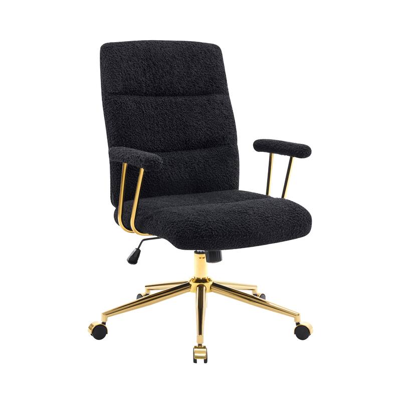 Textured Boucle Fabric Office Chair, Modern Height Adjustable Desk Chair with Padded Arms - Black