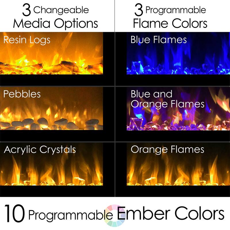 Hastings Home 72-Inch Black Wall Mount Electric Fireplace with 10 Ember Bed Colors