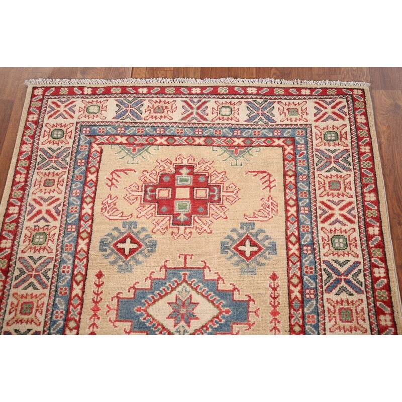 Oriental Kazak Foyer Rug Hand-Knotted Traditional Beige Wool Carpet - 3'4" x 4'7"