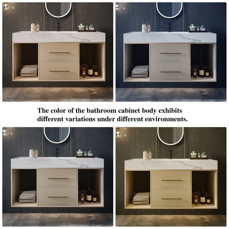 39.4" Floating Bathroom Vanity with Ceramic Sink, White Sintered Stone Top, Wall Mounted Cabinet with 2 Soft-Close Drawers