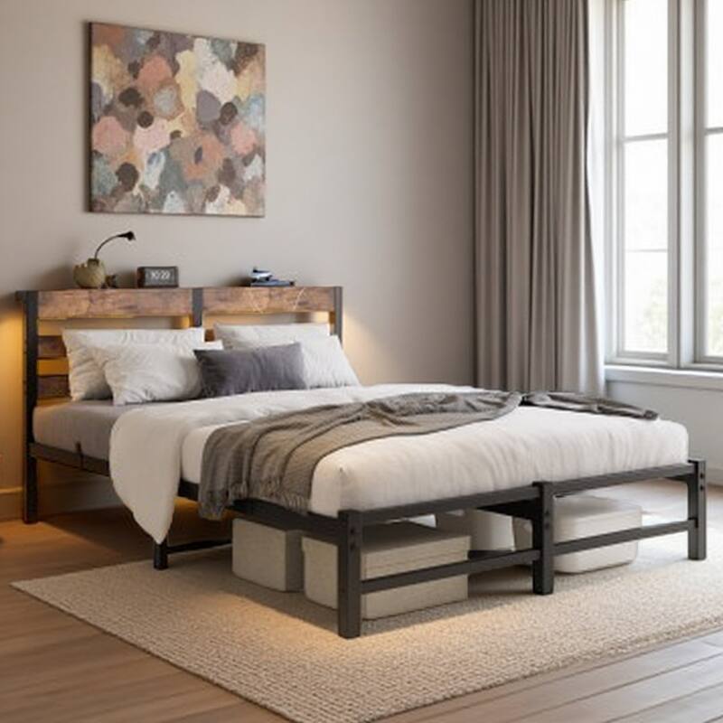 Queen Size Metal Bed Frame with Rustic Brown Wooden Headboard, RGB LED Lights, Charging Station, Storage Shelf, Noise-Free - Queen Beige+Brown - Queen