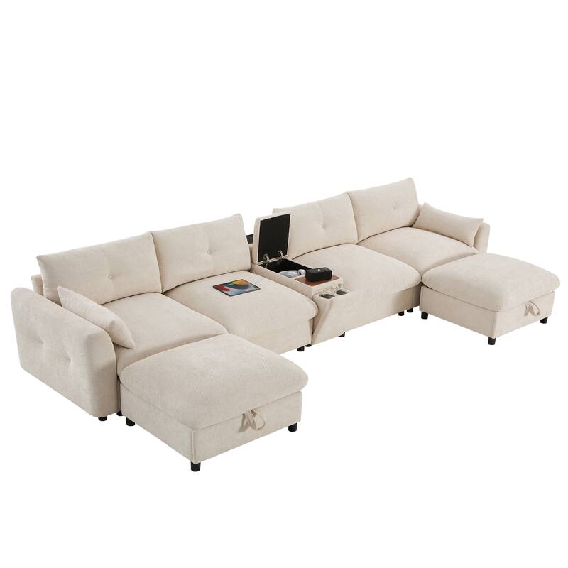 Roomfitters 136'' Modular U-Shaped Sectional Sofa with Console, Cup Holder, USB, Storage Ottoman, Chenille