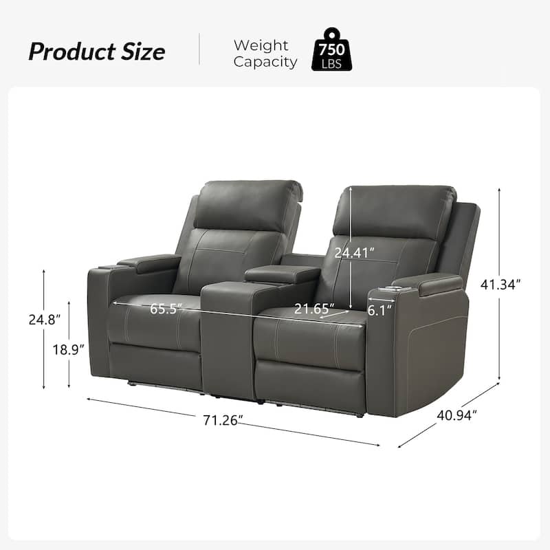 Victoria 71.26" Wide Genuine Leather Home Theater Seating with Ambient Lighting and Storage by HULALA HOME